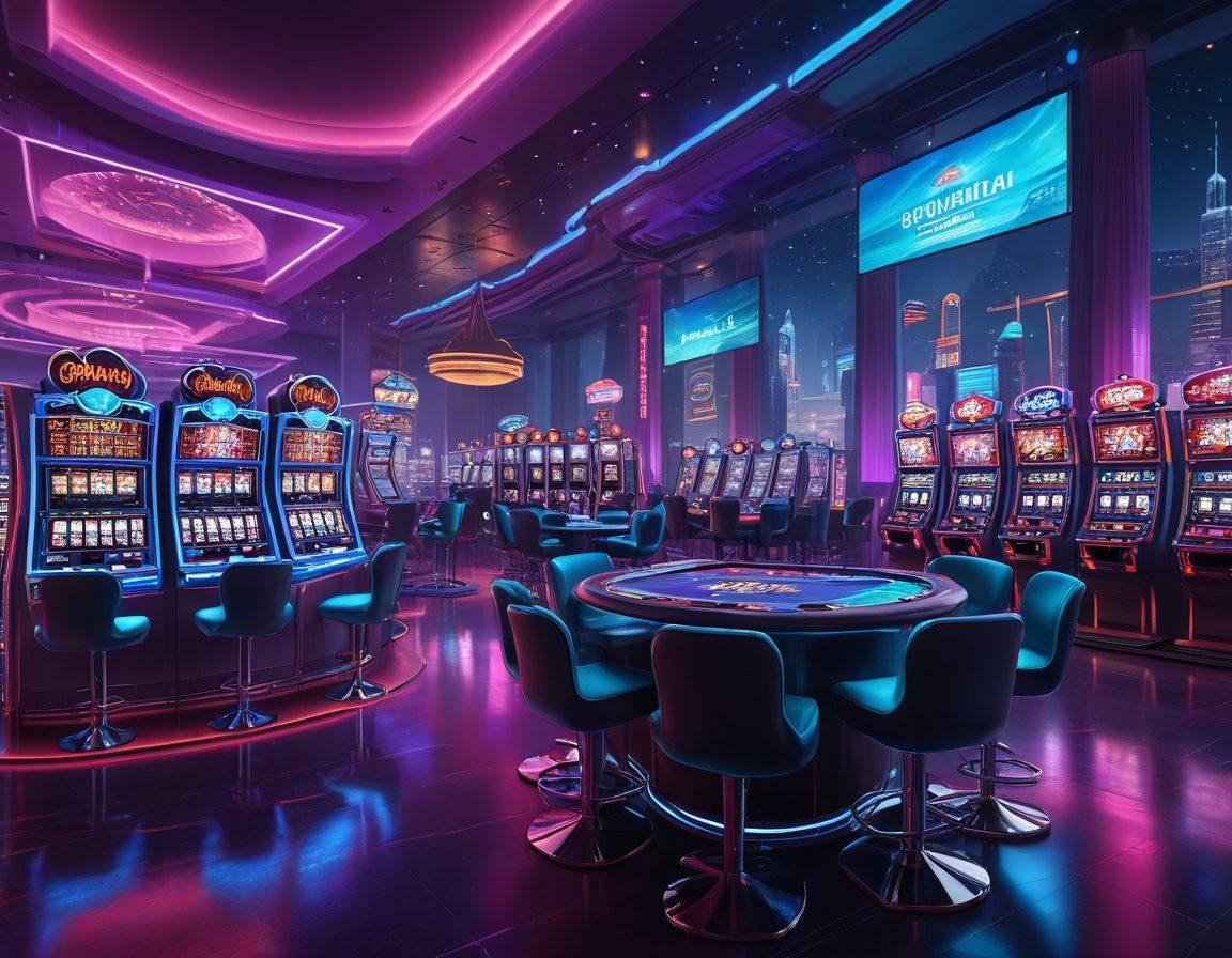 A modern casino setting blending traditional and online elements, featuring virtual poker tables and slot machines. Styled as a digital landscape with neon lights, holographic screens, and diverse players engaging with devices. A dynamic skyline in the background representing the evolving online gaming world. super-realistic. vibrant colors. 3D.