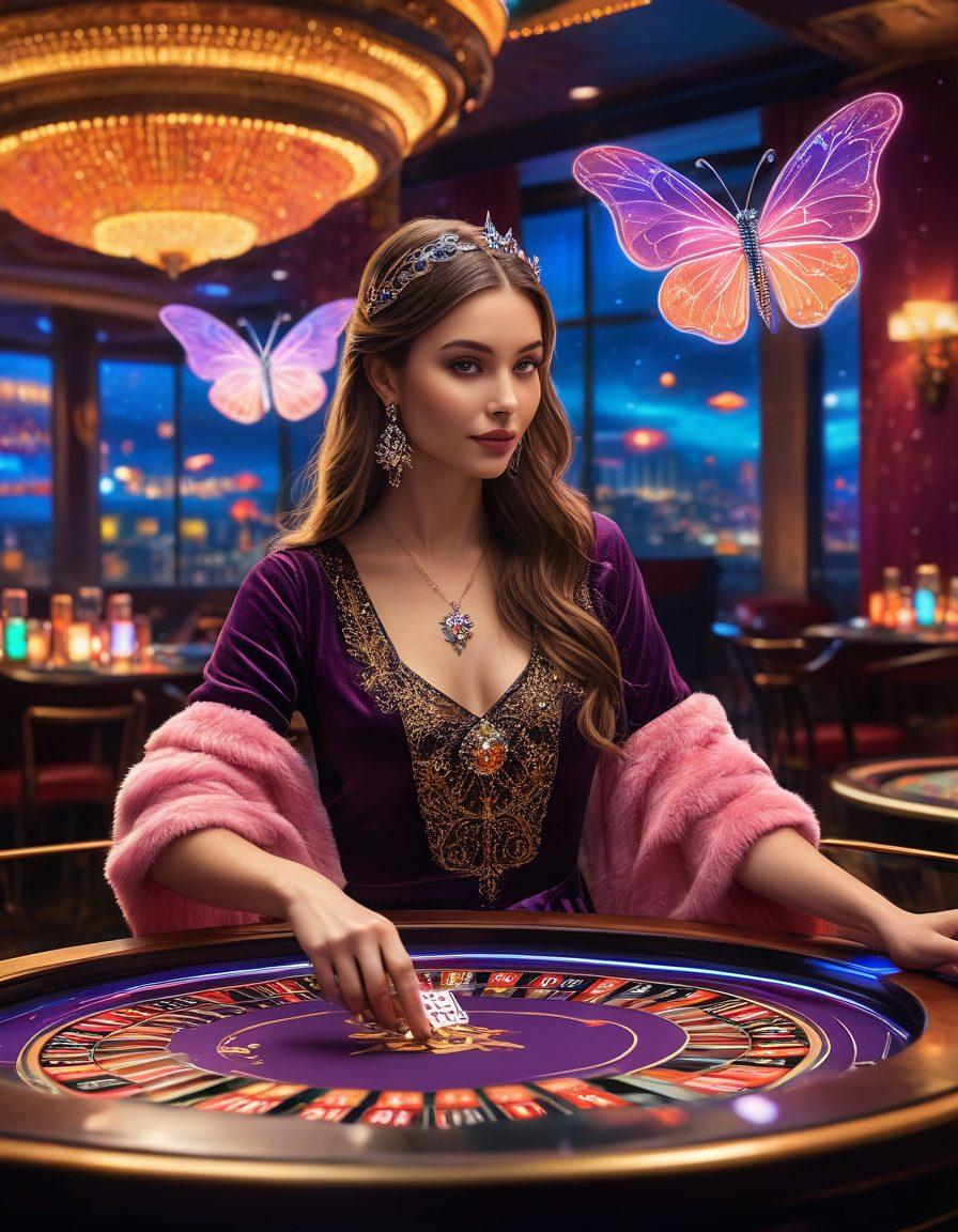 A mystical casino scene illuminated with vibrant neon lights, featuring an enchanted roulette table surrounded by whimsical characters like a wizard and a fairy, with glittering poker chips and cards floating through the air. The backdrop includes a shimmering night skyline and cloud-like formations to enhance the magical atmosphere. super-realistic. vibrant colors. enchanting details.