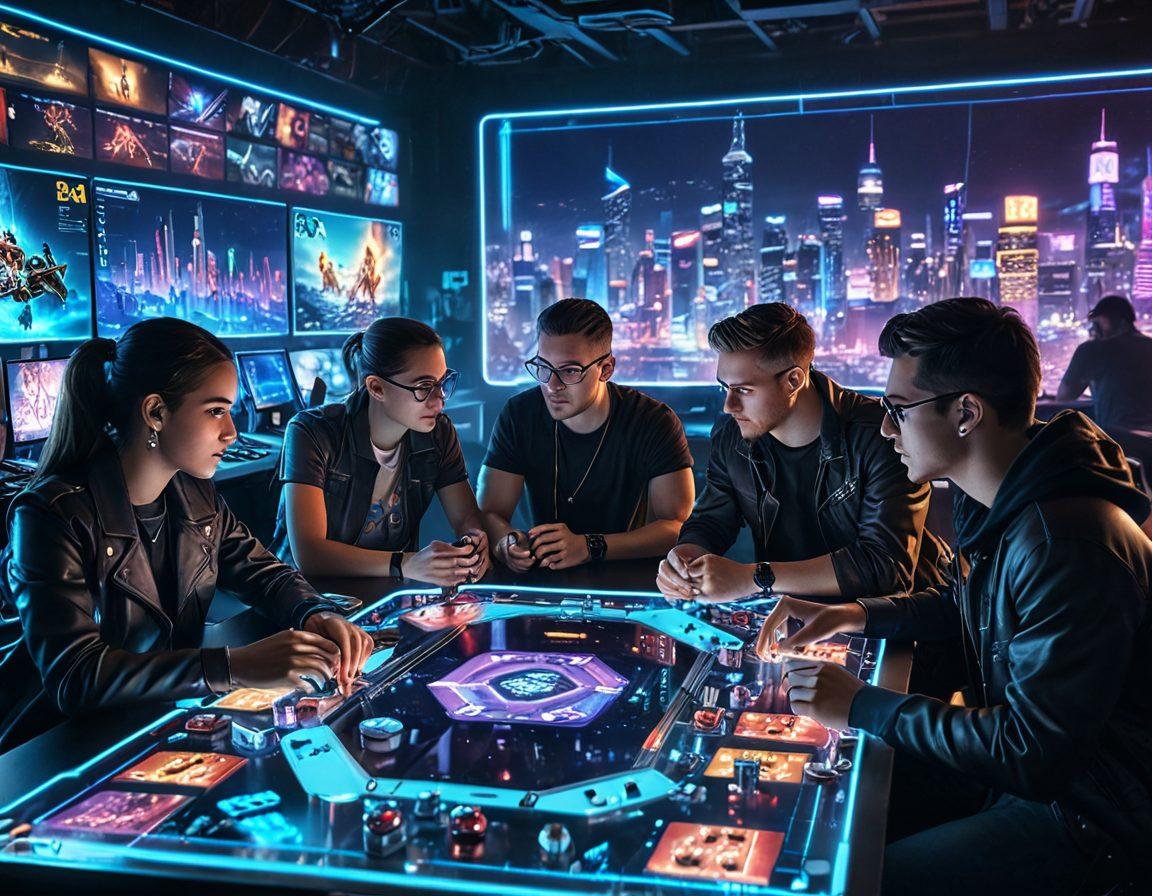 A dynamic scene featuring a diverse group of gamers sitting around a high-tech gaming table, studying charts and strategies on holographic displays. Include stacks of game tokens and excited expressions as they discuss their betting tactics. A glowing neon city skyline is visible through a large window in the background, representing the thrill of gaming. Infuse the scene with vibrant colors and futuristic details. cyberpunk. vibrant colors. 3D.
